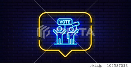 Neon light speech bubble. Voting campaign line icon. People rally with signs. Public election symbol. Neon light background. Voting campaign glow line. Brick wall banner. Vector 102587038