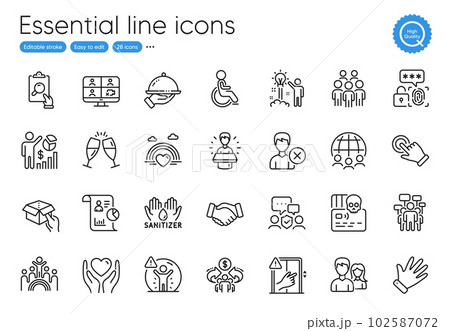 Disability, Video conference and Touchscreen gesture line icons. Collection of Lgbt, Global business, Handshake icons. Cyber attack, Teamwork, Hand sanitizer web elements. Hand, Inspect. Vector Disability, Video conference and Touchscreen gesture line icons. Collection of Lgbt, Global business, Handshake icons. Cyber attack, Teamwork, Hand sanitizer web elements. Hand, Inspect. Vector 102587072