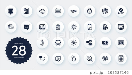 Set of Business icons, such as Employee hand, World time and Coupons flat icons. Chat message, Person talk, Market web elements. Survey check, Puzzle, Gps signs. 5g wifi, Cloud computing. Vector 102587146