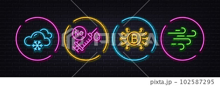 Bitcoin system, Snow weather and Coronavirus vaccine minimal line icons. Neon laser 3d lights. Windy weather icons. For web, application, printing. Cryptocurrency scheme, Snowflake, Syringe. Vector 102587295