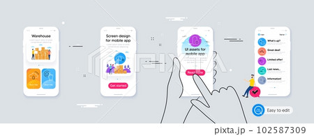 Outline set of Fireworks rocket, Rate button and Farsightedness line icons for web application. Phone ui interface. Include Work home, Human sing, Vitamin e icons. Delivery, Phone protect. Vector 102587309