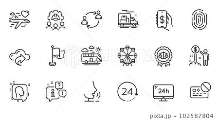 Outline set of 24 hours, User communication and Engineering team line icons for web application. Talk, information, delivery truck outline icon. Include Card, Flag, Head icons. Vector 102587804