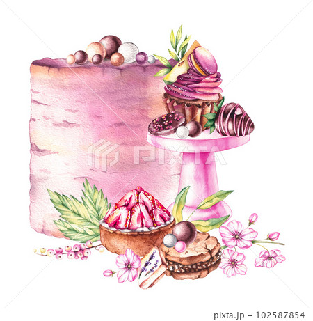 Watercolor cake in a composition with a stand for desserts, a tartlet, cookies, strawberries in chocolate and flowers 102587854