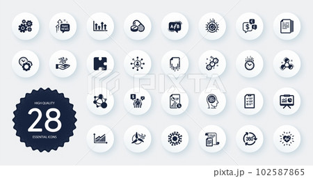 Set of Science icons, such as Money currency, Time and Cogwheel flat icons. Graph, Chemical formula, Chemistry molecule web elements. Documents, Windmill turbine, Copy documents signs. Vector Set of Science icons, such as Money currency, Time and Cogwheel flat icons. Graph, Chemical formula, Chemistry molecule web elements. Documents, Windmill turbine, Copy documents signs. Vector 102587865
