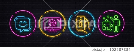 Seo timer, Support and Smile face minimal line icons. Neon laser 3d lights. Strategy icons. For web, application, printing. Analytics, Phone info, Chat. Business plan. Neon lights buttons. Vector 102587884