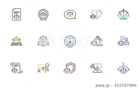 Court line icons set. Lawyer, Scales of Justice and Judge. Hammer, Law and Petition document set icons. Judgment, justice, court injunction. Gavel judge hammer, rulings, presiding officer. Vector 102587990