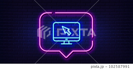 Neon light speech bubble. Computer or Monitor icon. Mouse cursor sign. Personal computer symbol. Neon light background. Internet glow line. Brick wall banner. Vector 102587991