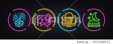 Cyber attack, Fireworks and Employees messenger minimal line icons. Neon laser 3d lights. Mattress icons. For web, application, printing. Computer malware, Pyrotechnic salute, Speech bubble. Vector 102588011