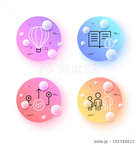 Correct way, Business hierarchy and Facts minimal line icons. 3d spheres or balls buttons. Air balloon icons. For web, application, printing. Good choice, Organization, Important information. Vector 102588012