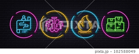 Journey path, Chandelier and Fire energy minimal line icons. Neon laser 3d lights. Wholesale inventory icons. For web, application, printing. Project process, Ceiling light, Heating. Vector 102588049