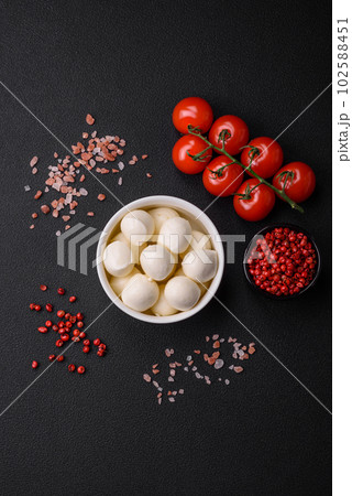 Delicious fresh mozzarella cheese in the form of small balls with salt and spices 102588451