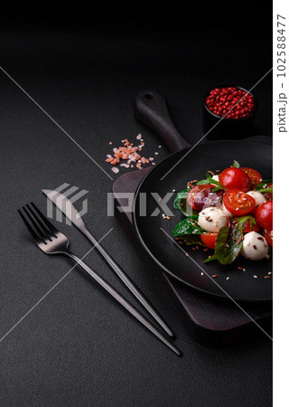 Delicious fresh salad with mozzarella cheese, cherry tomatoes, herbs, salt and spices Delicious fresh salad with mozzarella cheese, cherry tomatoes, herbs, salt and spices 102588477
