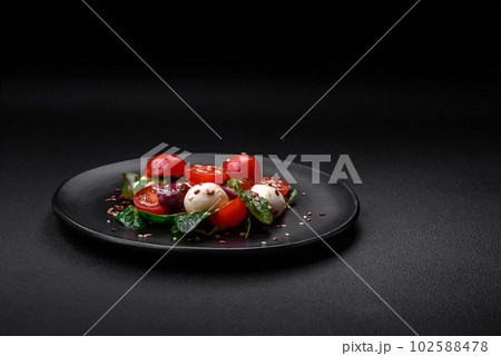 Delicious fresh salad with mozzarella cheese, cherry tomatoes, herbs, salt and spices 102588478