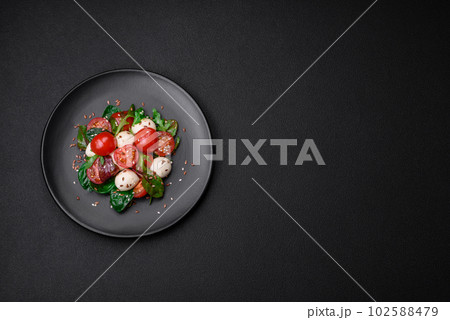 Delicious fresh salad with mozzarella cheese, cherry tomatoes, herbs, salt and spices Delicious fresh salad with mozzarella cheese, cherry tomatoes, herbs, salt and spices 102588479