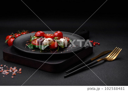 Delicious fresh salad with mozzarella cheese, cherry tomatoes, herbs, salt and spices 102588481