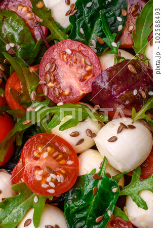 Delicious fresh salad with mozzarella cheese, cherry tomatoes, herbs, salt and spices Delicious fresh salad with mozzarella cheese, cherry tomatoes, herbs, salt and spices 102588493