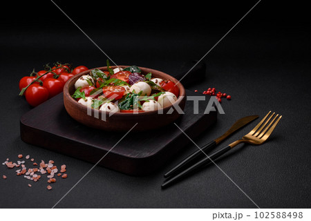Delicious fresh salad with mozzarella cheese, cherry tomatoes, herbs, salt and spices Delicious fresh salad with mozzarella cheese, cherry tomatoes, herbs, salt and spices 102588498