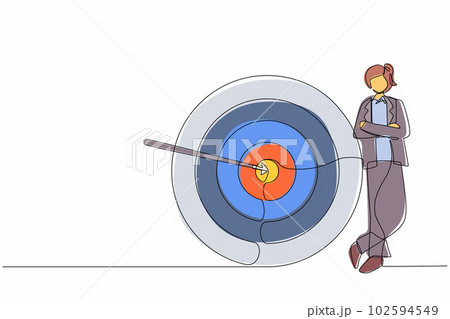 Continuous one line drawing businesswoman or manager standing next to target. Arrow hit target exactly. Successful business strategy, marketing concept. Single line design vector graphic illustration 102594549