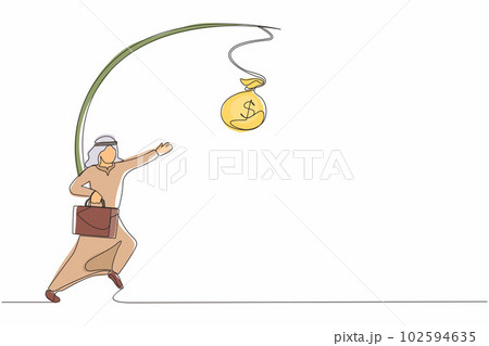 Single one line drawing oblivious Arabian businessman chasing bag of money. Artwork illustration depicts foolishness, stupidity, unawareness, decoy. Continuous line design graphic vector illustration 102594635