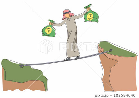 Continuous one line drawing Arabian businessman walk over cliff gap mountain carry two money bag risking dangerous. Male walking balance on rope bridge. Single line design vector graphic illustration 102594640