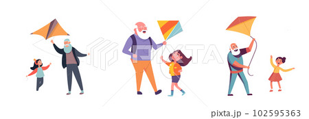 set vector illustration of happy dad and kid spending time together flying a kite isolate set vector illustration of happy dad and kid spending time together flying a kite isolate 102595363