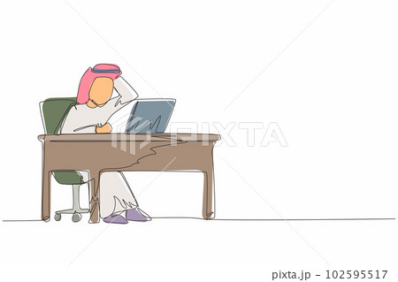 Continuous one line drawing male manager working on computer laptop. Arab businessman with question mark over head scratches back of his head sitting in front of laptop. Single line draw design vector 102595517
