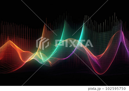 Sound wave abstract vizualisation. Music audio frequencies on black neon background, high tech waves. Generative AI 102595750