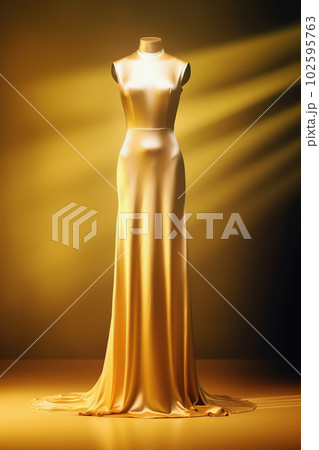 Fashion gold evening gown, formal maxi dress on dummy. Soft light, copy space. Generative AI Fashion gold evening gown, formal maxi dress on dummy. Soft light, copy space. Generative AI 102595763
