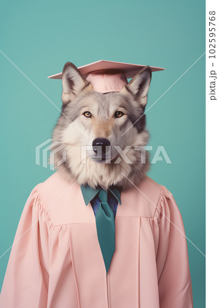 Wolf in graduation cap and gown. Realistic studio portrait. Generative AI 102595768