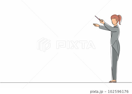 Single one line drawing woman music conductor. Female musician perform on stage directing symphony orchestra. Classical music performance, instrumental ensemble. Continuous line design graphic vector Single one line drawing woman music conductor. Female musician perform on stage directing symphony orchestra. Classical music performance, instrumental ensemble. Continuous line design graphic vector 102596176