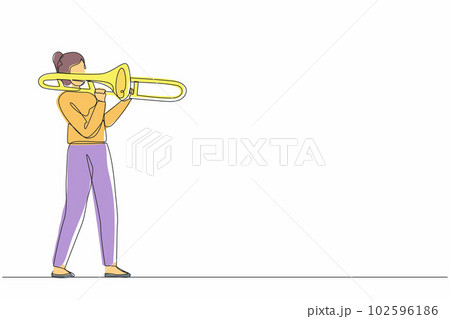 Single continuous line drawing trombone player. Female performer play wind instrument. Music artist girl. Jazz woman. Musician play trumpet. Classic music event. One line draw graphic design vector 102596186