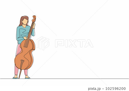 Continuous one line drawing double bass player standing with big string instrument. Woman musician playing classical music with fingers. Professional contrabassist. Single line graphic design vector Continuous one line drawing double bass player standing with big string instrument. Woman musician playing classical music with fingers. Professional contrabassist. Single line graphic design vector 102596200