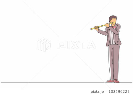 Continuous one line drawing male musician playing flute, standing in suit. Flutist performing classical music on wind instrument. Solo performance of talented flautist. Single line draw design vector Continuous one line drawing male musician playing flute, standing in suit. Flutist performing classical music on wind instrument. Solo performance of talented flautist. Single line draw design vector 102596222
