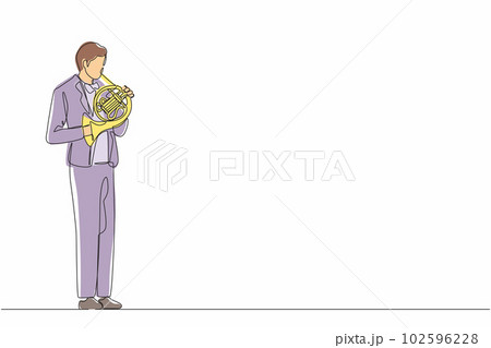 Single continuous line drawing male musician in suit performing classic melody on French horn. Instrumentalist playing music on brass instrument. Man with trumpet. One line draw graphic design vector 102596228