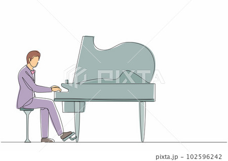 Continuous one line drawing man plays piano. Male performer sits at musical instrument and plays jazz or blues. Professional musician. Person performs on stage. Single line draw design vector graphic 102596242