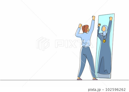 Single one line drawing narcissistic Arabian businesswoman looking at mirror, seeing in reflection of herself with gold medal, self confidence. Continuous line draw design graphic vector illustration Single one line drawing narcissistic Arabian businesswoman looking at mirror, seeing in reflection of herself with gold medal, self confidence. Continuous line draw design graphic vector illustration 102596262