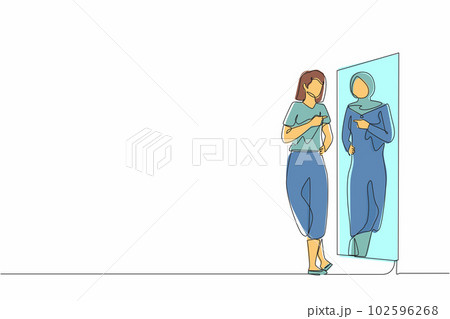 Single one line drawing Arabian woman looking in big mirror see herself successful businesswoman wearing expensive hijab. Poor woman dream to become wealthy person. Continuous line draw design vector Single one line drawing Arabian woman looking in big mirror see herself successful businesswoman wearing expensive hijab. Poor woman dream to become wealthy person. Continuous line draw design vector 102596268