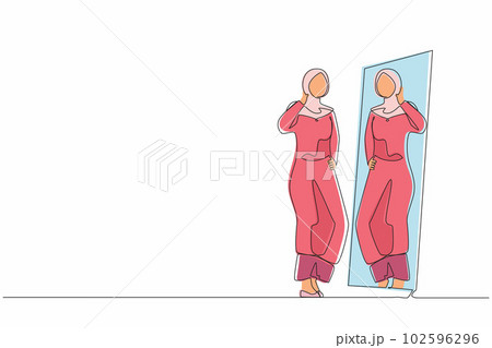 Single continuous line drawing Arab businesswoman choosing hijab for business meeting. Woman trying on clothes at home. Girl with style. Mirror with female reflection. One line graphic design vector 102596296