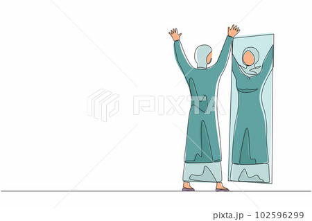Single continuous line drawing happy Arab businesswoman look in mirror with raised hands. Reflection in mirror. High self esteem psychology. Victory, success motivation. One line graphic design vector 102596299