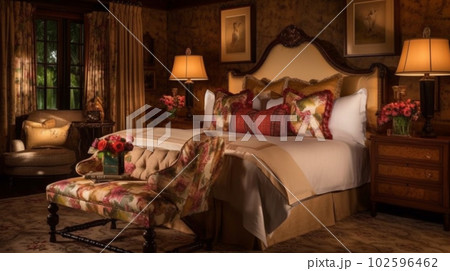 Romantic Retreat: Cozy Bedroom with King-Sized Tufted Bed and Soft Lighting, Generative AI Romantic Retreat: Cozy Bedroom with King-Sized Tufted Bed and Soft Lighting, Generative AI 102596462