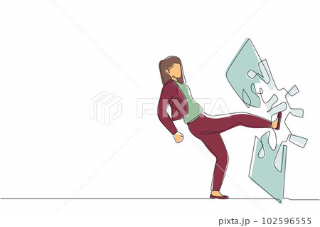 Single continuous line drawing businesswoman kicked the mirror and shattered it. Breaking impossible barrier. Business motivation, breakthrough concept. One line graphic design vector illustration 102596555