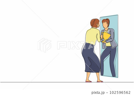 Single one line drawing businesswoman looking herself. Female in front of mirror, optimism, positive, self confidence. Reflection reward with trophy cup, winner. Continuous line graphic design vector 102596562