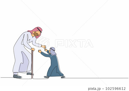 Single one line drawing happy little boy running to hug his grandfather. Arab grandson visiting grandparents. Senior man welcoming grandchild at home. Continuous line draw design vector illustration 102596612