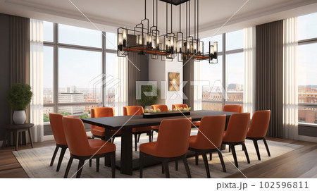 Timeless Elegance: Dining Room with Table, Upholstered Chairs, and Chandelier, Generative AI Timeless Elegance: Dining Room with Table, Upholstered Chairs, and Chandelier, Generative AI 102596811