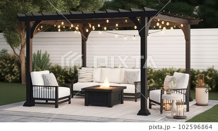 Relaxing Retreat: Cozy Backyard with Fire Pit and Pergola Seating, Generative AI 102596864