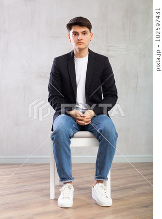 various poses of same man sitting on chair on white background Stock Photo  | Adobe Stock