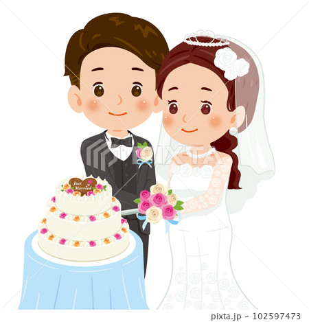 ケーキカット　男性と純白ドレスの女性2 102597473