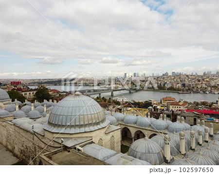 Aerial drone view of the Mosque, huge Ottoman imperial mosque in Istanbul,Turkey Aerial drone view of the Mosque, huge Ottoman imperial mosque in Istanbul,Turkey 102597650