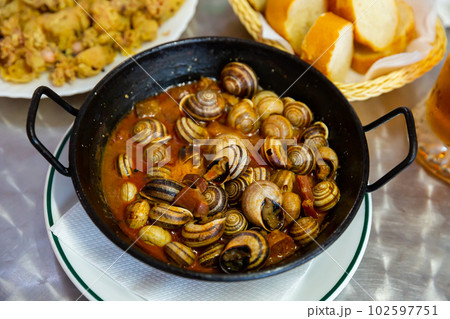Cooking grape snails in spicy sauce. Traditional spanish dish 102597751