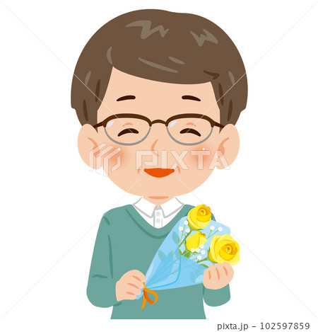 黄色いバラの花束を持った中年男性 黄色いバラの花束を持った中年男性 102597859